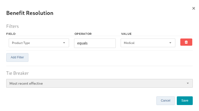 The Benefit Resolution window with a Product Type filter and the Tie Breaker